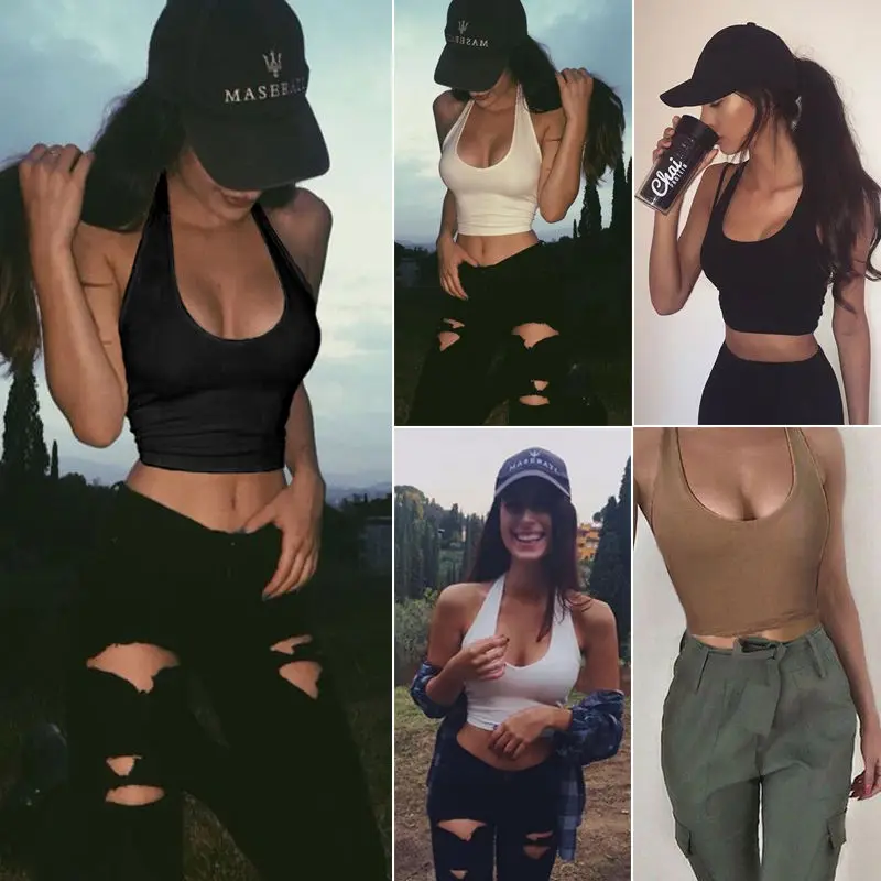 Женская хлопковая майка без рукавов Повседневная укороченная белая цвета хаки