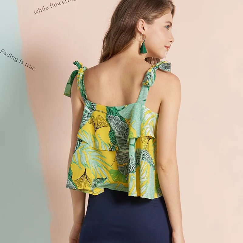 Mostnica тропический лист печатных оборки женщины камзол лето плиссированные