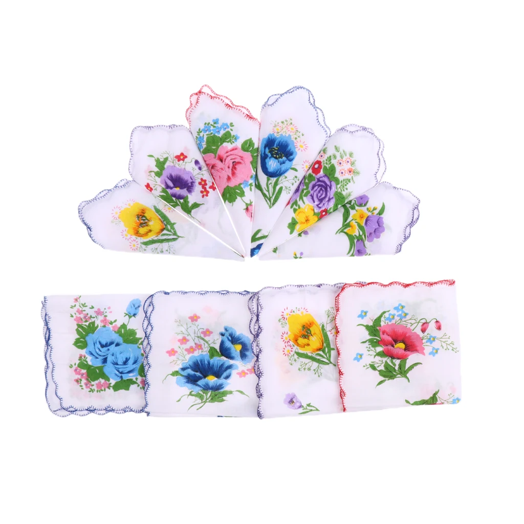 

10pcs Wholesale Women Cotton White Handkerchiefs Assorted Colourful Flowers Wavy Edge Ladies Hankies Gift for Wedding Party