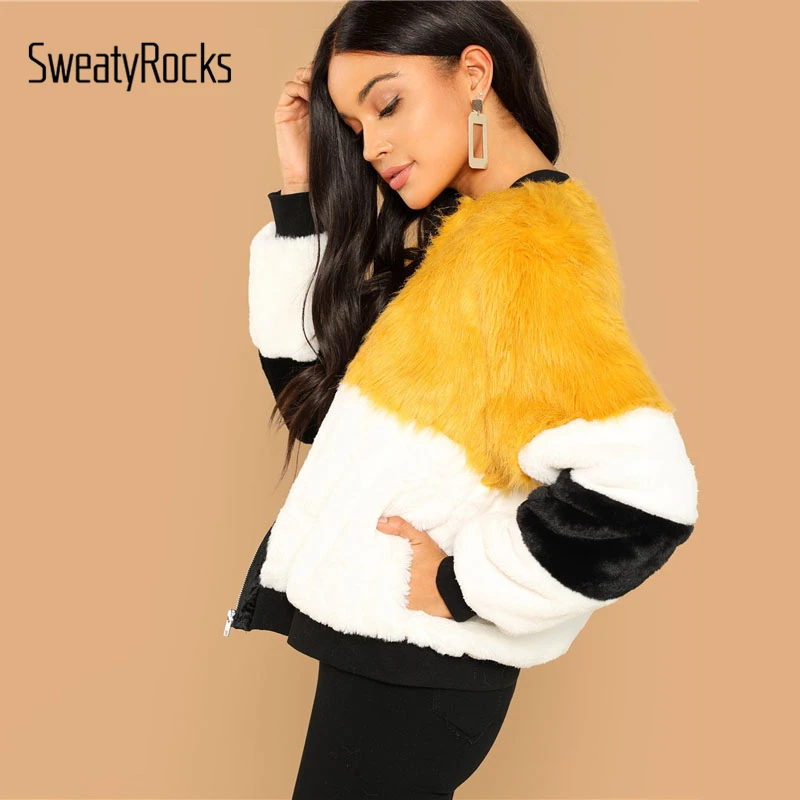 SweatyRocks, элегантное разноцветное пальто из искусственного меха с длинным рукавом, на молнии, уличная одежда, Короткие топы,, осенне-зимние женские пальто