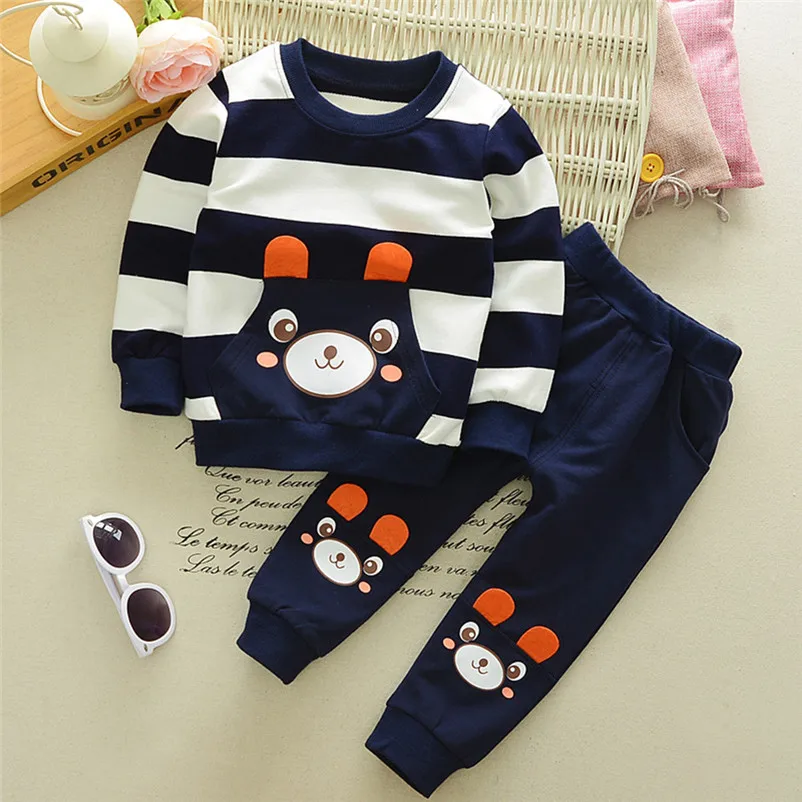 Fall Autumn Winter Kids Newborn Baby Boys Clothing Clothes Set Striped Bear Tops+Pants Outfits 2017 New Arrival Fashion on sale |