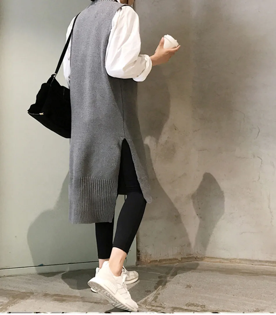 Осень 2019 новинка Женский Длинный жилет платье свитер трикотажное v образный