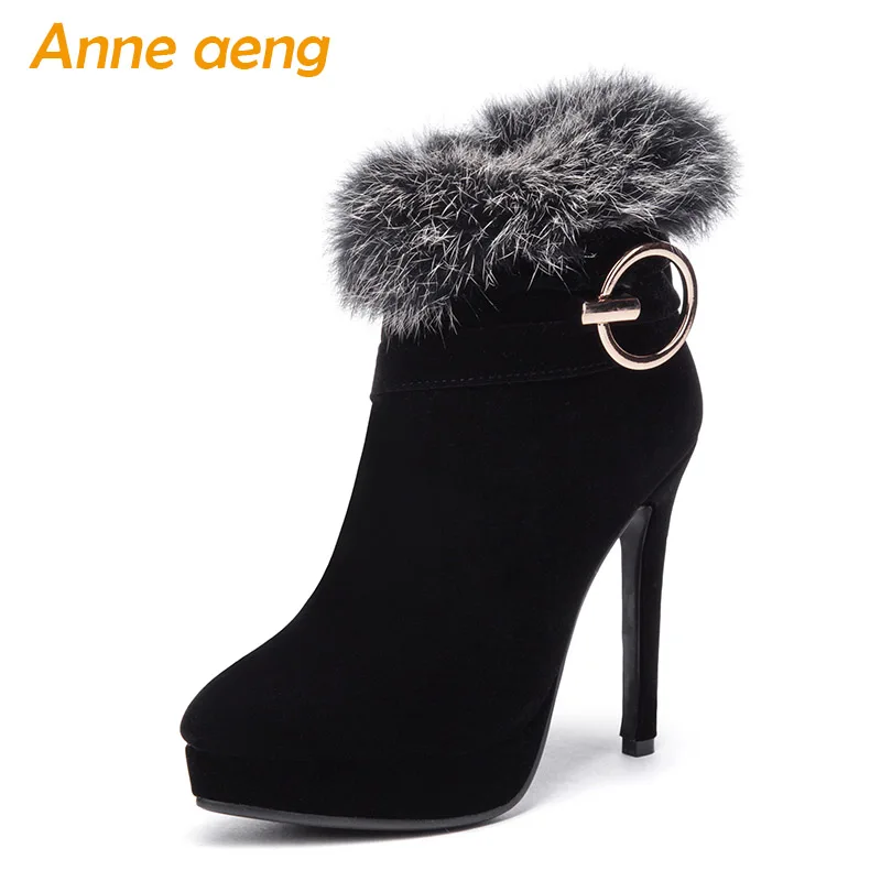 Женские ботильоны на высоком каблуке черные короткие теплые ботинки с