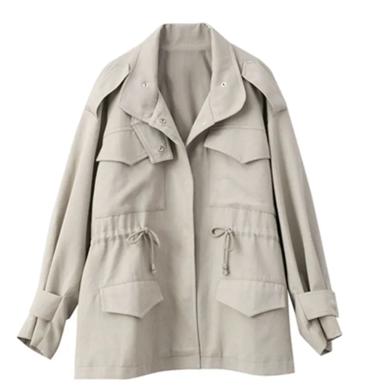 

spring new women's Windbreaker Korean popular students in the long section of the tooling chic waist women's windbreaker W140