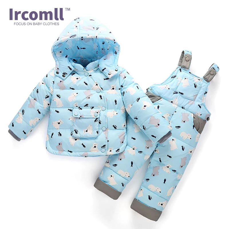 Ircomll/ г. Зимний детский комплект из 2 предметов, пуховое пальто+ комбинезон, костюмы комплекты одежды для мальчиков и девочек Зимний комбинезон, одежда для малышей на синтепоне