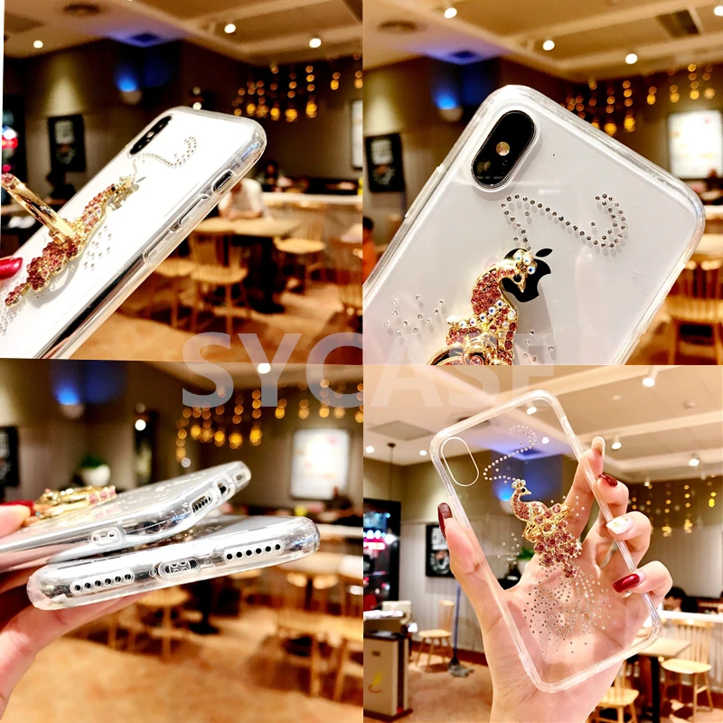 SYCASE Fashion Women Clear Cover For iPhone 6 6S 7 8 Plus X XR Xs Max case Diamond Finger Ring Stand Hold Cute Girl phone |