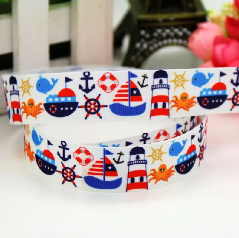 7/8'' Free shipping navy sea boat whale printed grosgrain ribbon hairbow headwear party decoration diy wholesale 22mm D495 | Дом и сад
