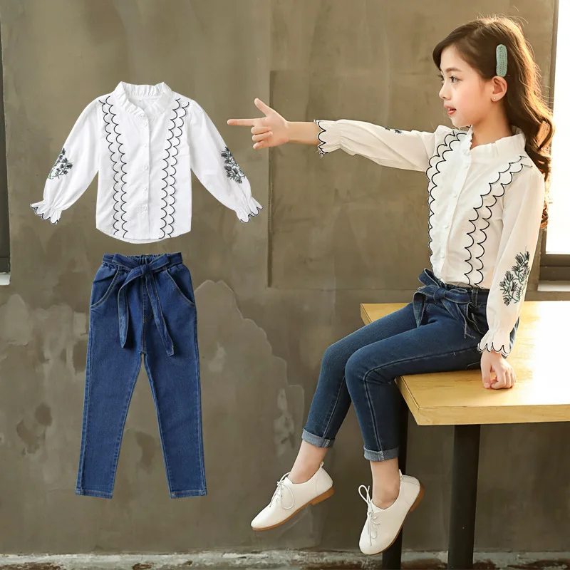 Детский костюм из 2 предметов кружевная рубашка с длинным рукавом и джинсовые
