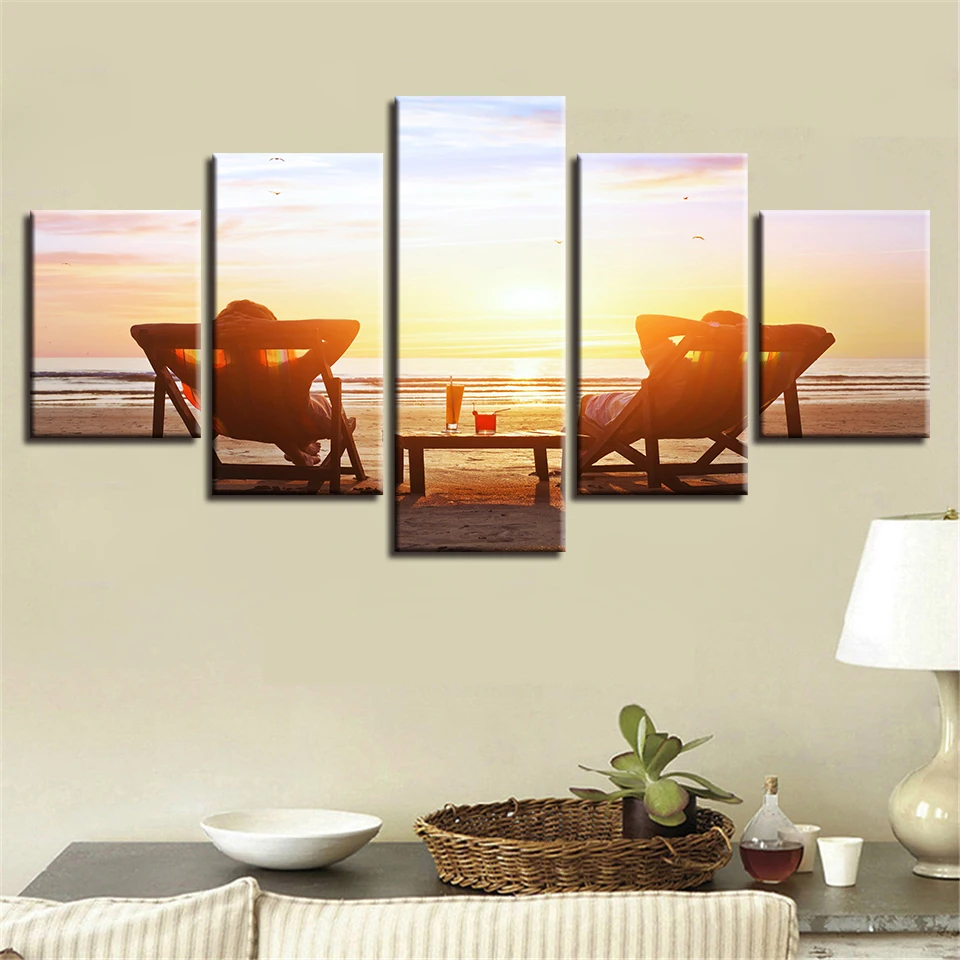 Decor Living Room Wall Art Modern Pictures Print 5 Pieces Beach Chair And Drinks Sunset Seascape Poster Modular Canvas Paintings | Дом и сад