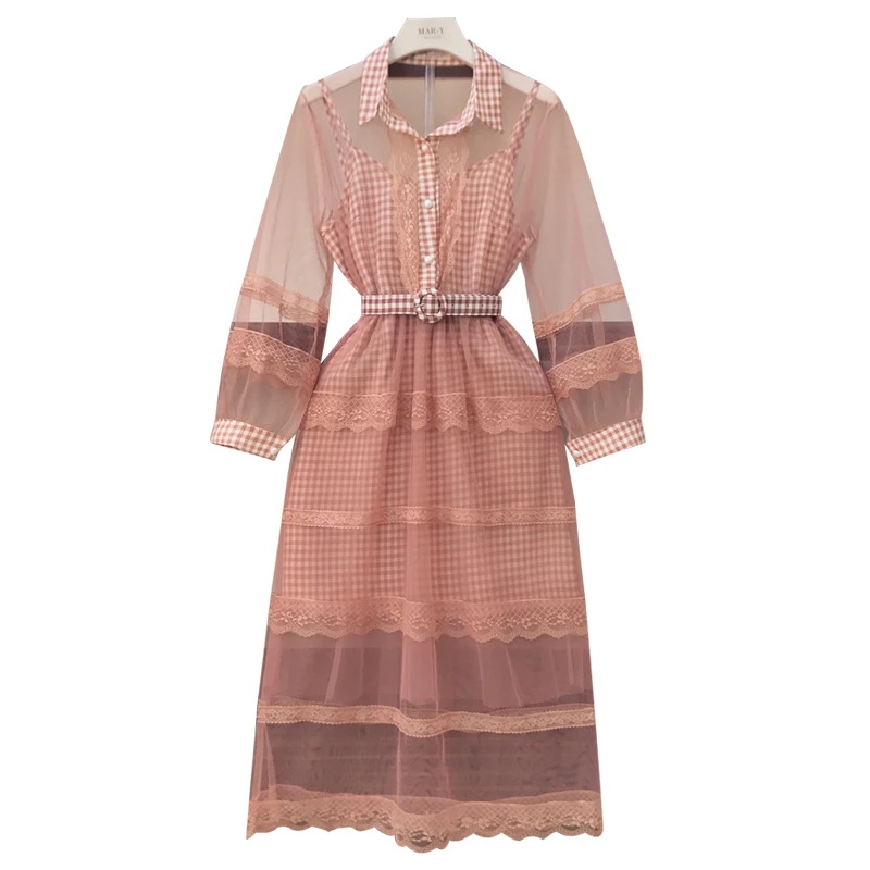 ALPHALMODA 2019 перспективное кружевное платье + в клетку комплект из 2 предметов