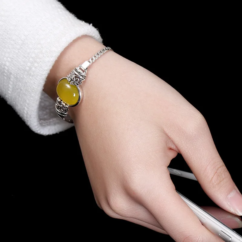 Браслет женский из серебра ювелирный камень халцедон пробы с драгоценными