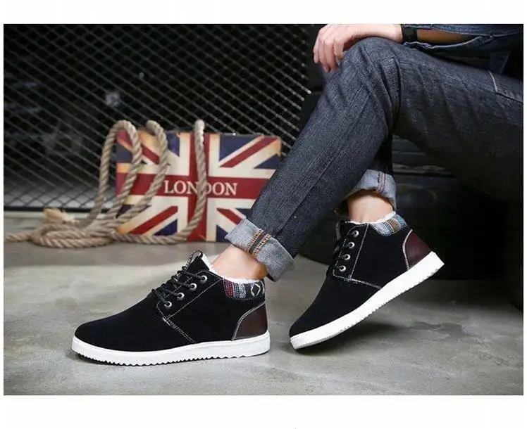 Mens Winter Shoes Casual Plus Velvet Thickening Lace Up Men's High Top Warm Shoes Solid Waterproof Fur Sneakers for Mens