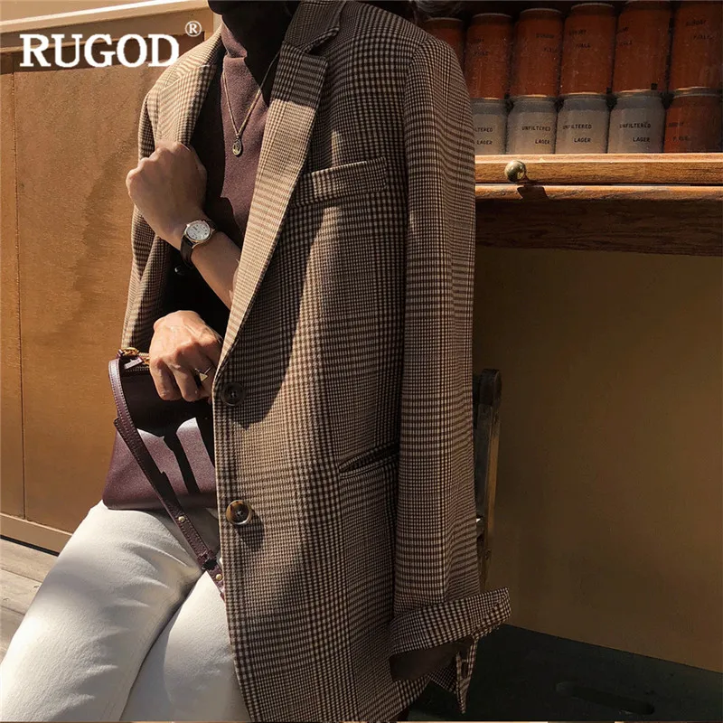 RUGOD винтажный Модный клетчатый блейзер для женщин офисный женский однобортный пиджак с длинным рукавом Женский блейзер