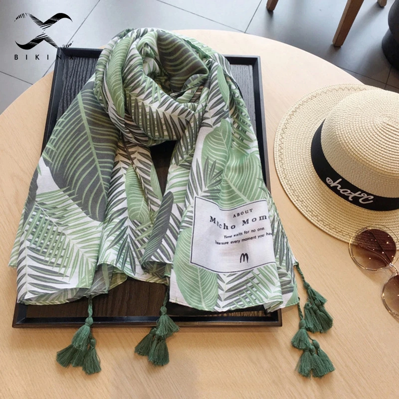 Женский винтажный шарф Bikinx пляжный с принтом в виде зеленых листьев Пляжная