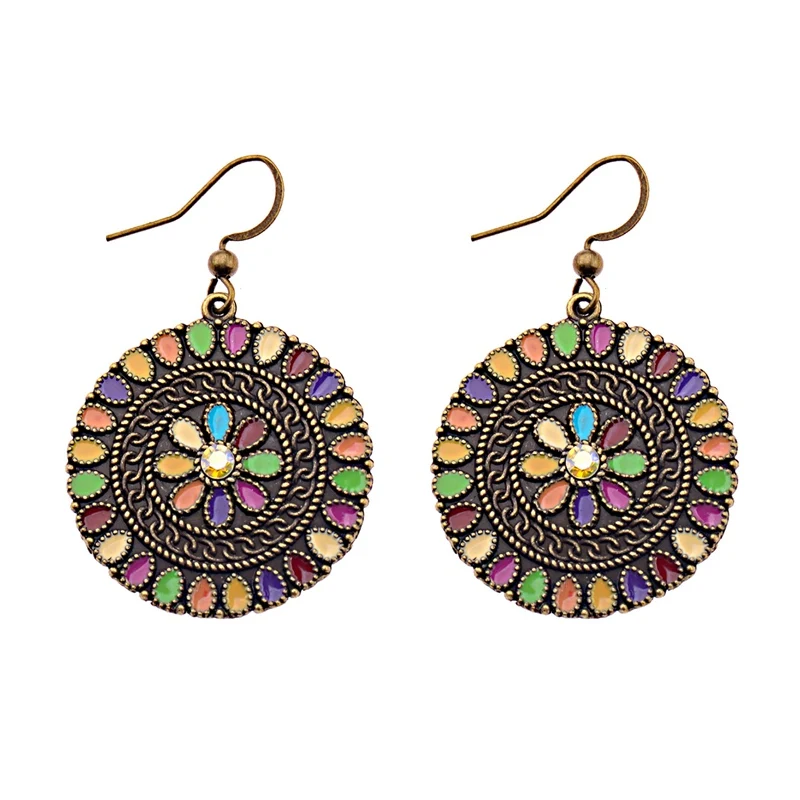 2019 винтажные полые круглые эмалевые Цветочные индийские висячие серьги