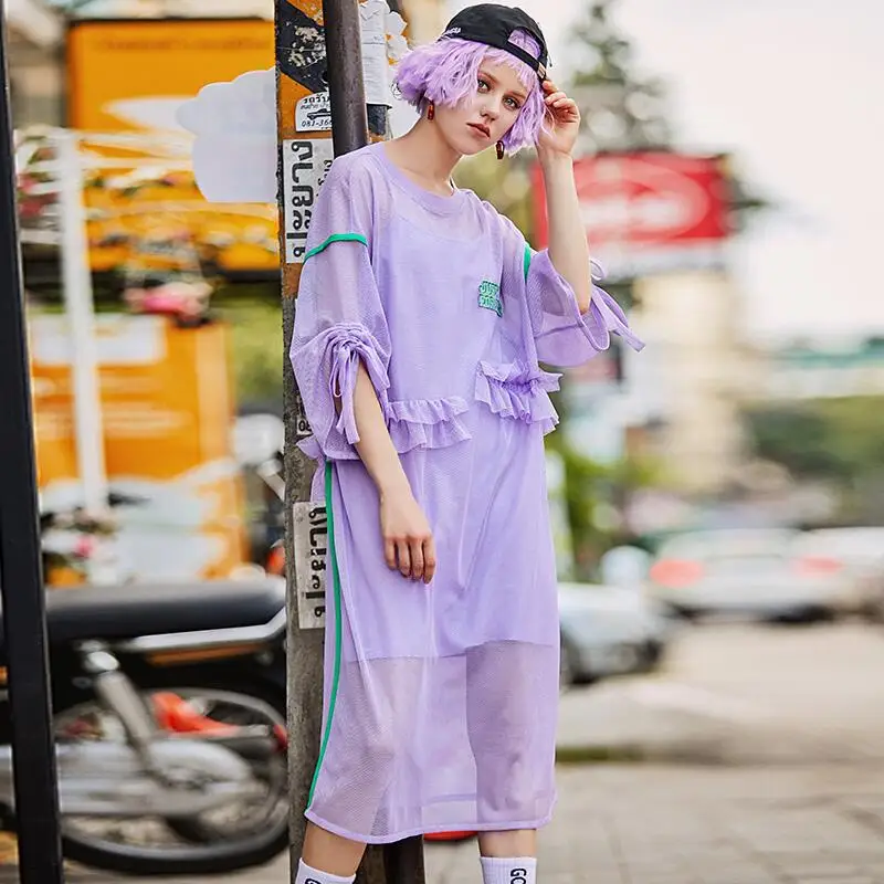 2019 New arrival half sleeve long dresses spring women letter embroidery gauze two pieces | Женская одежда