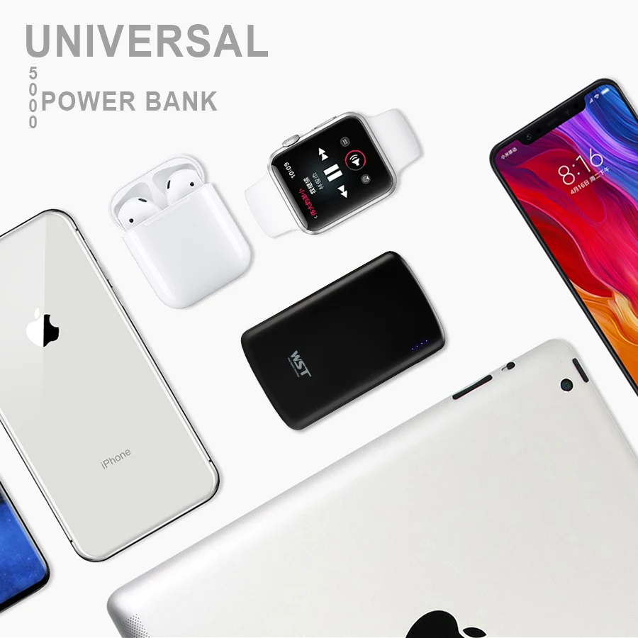 WST портативный внешний аккумулятор 5000 мАч повербанк мобильный для iPhone Samsung