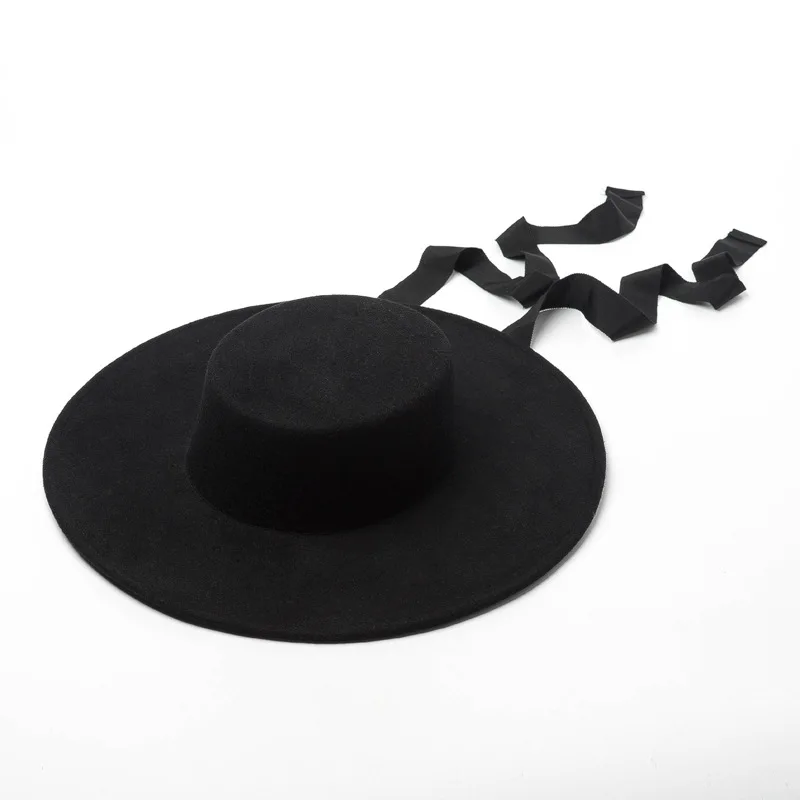 01906-HH8142 autumn winter FLAT jazz cap wool long black ribbon fedoras cap men women leisure panama hat