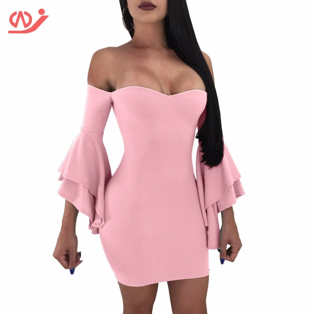 Для женщин Off Shoulder Bell Sleeve рюшами Bodycon Платья вечерние платье миди | Женская одежда