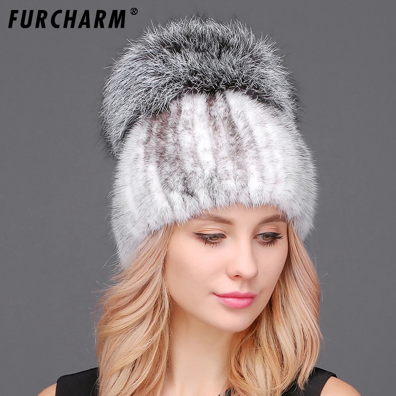 Вязаные шапки из меха норки для женщин шапка высококачественной с роскошными