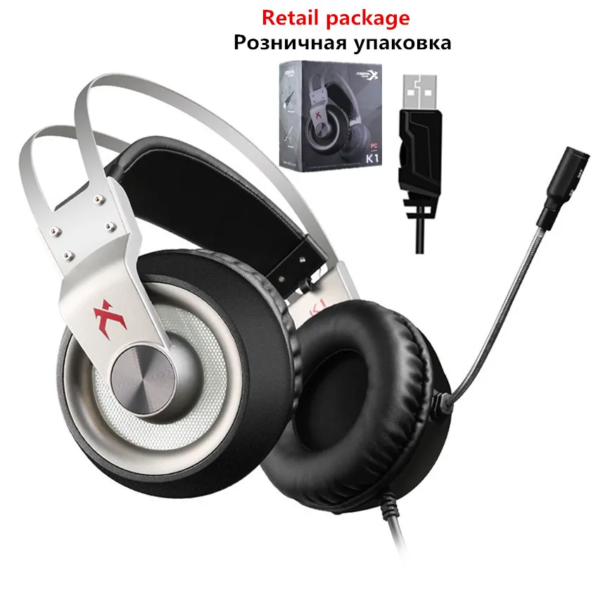 Gray Retail Package Xiberia K1 компьютерные игровые наушники бас шлем USB 7,1 канальный объемный звук PC Gamer гарнитура с микрофоном Led для игры PUBG - Цвет: Gray Retail Package