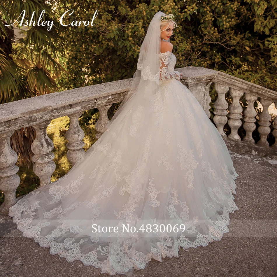 Ashley Carol Ball Gown Wedding Dress 2022 Elegant Boat Neck Long Sleeve Princess Vintage Luxury Bridal Gowns Vestido De Noiva | Свадьбы и