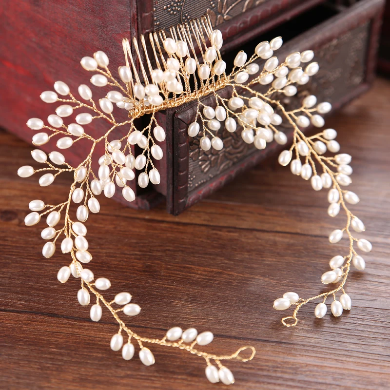 

Gold Color Pearl Hair Combs Wedding Women Hair Jewelry Wing Style Bridal Handmade Hair Ornament Accessories Head Decoration