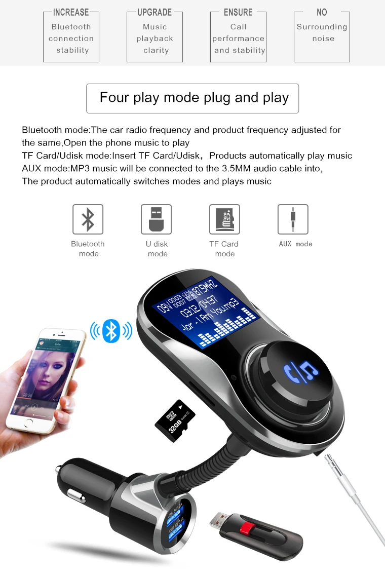 AUX Bluetooth автомобильный комплект fm-передатчик модулятор беспроводной громкой связи MP3-плеер с TF U диск двойной usb зарядка для телефона