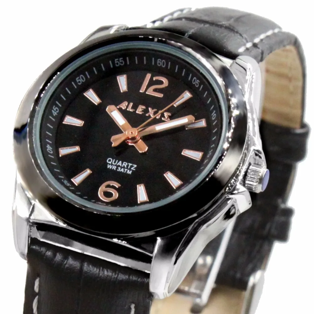 

Alexis Analog Quartz Round Wrist Watch Japan Miyota Movement Black Geninue Leather Band Black Dial Water Resistant