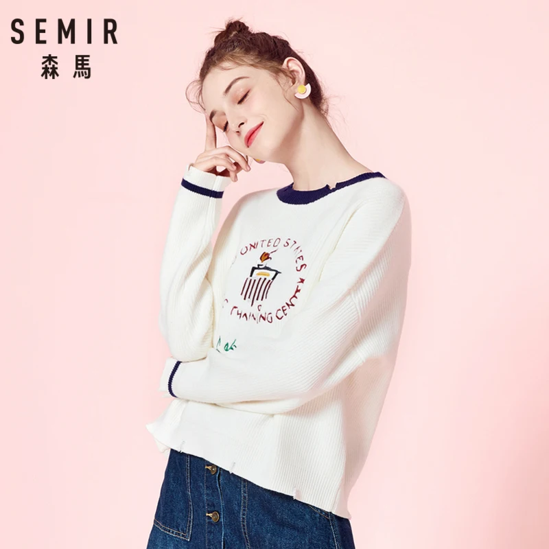 SEMIR Женский вязаный свитер с вышивкой в рубчик контрастной отделкой пуловер