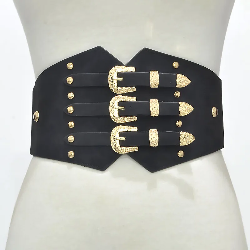 Black gold buckle Роскошное женское платье пояс в стиле панк широкие ремни для женщин Ретро металлическая пряжка из искусственной кожи эластичный корсет дизайнерский бренд bg-361 - Цвет: Black gold buckle