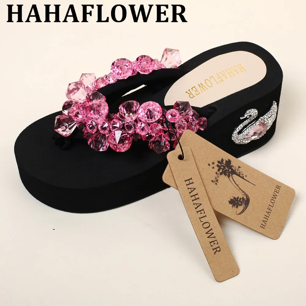 Новинка женские пляжные тапочки HAHAFLOWER на высоком каблуке летние шлепанцы с
