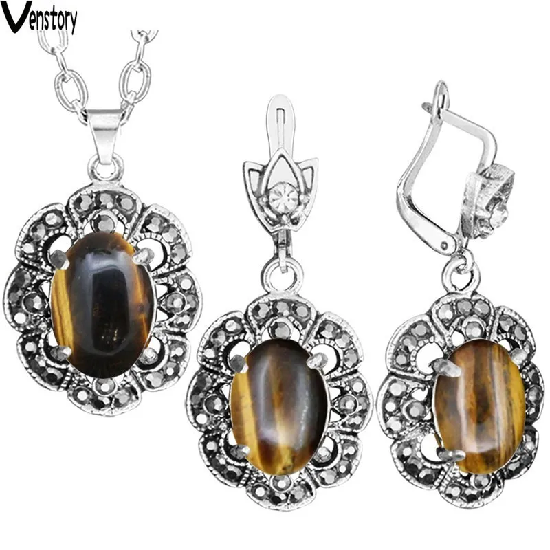 Natural Tiger Eye Necklace Earrings Jewelry Set Rhinestone Vintage Fashion For Women | Украшения и аксессуары