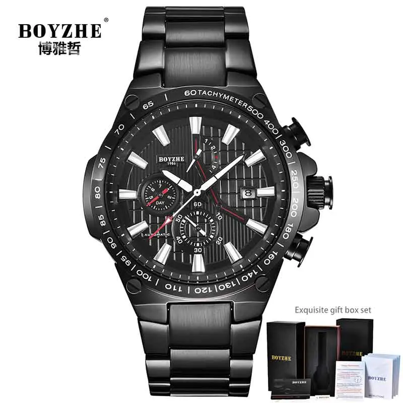Black Steel with Box BOYZHE хронограф автоматические часы мужские Элитный бренд, механические часы браслет для мужчин Спорт montre homme reloj hombre - Цвет: Black Steel with Box