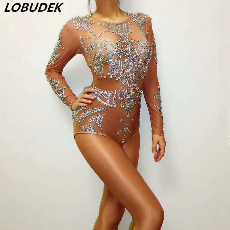 Sexy See-through female bodysuit Bright Crystals rhinestones jumpsuit nightclub Bar DJ DS costume dancer show party sexy Catsuit