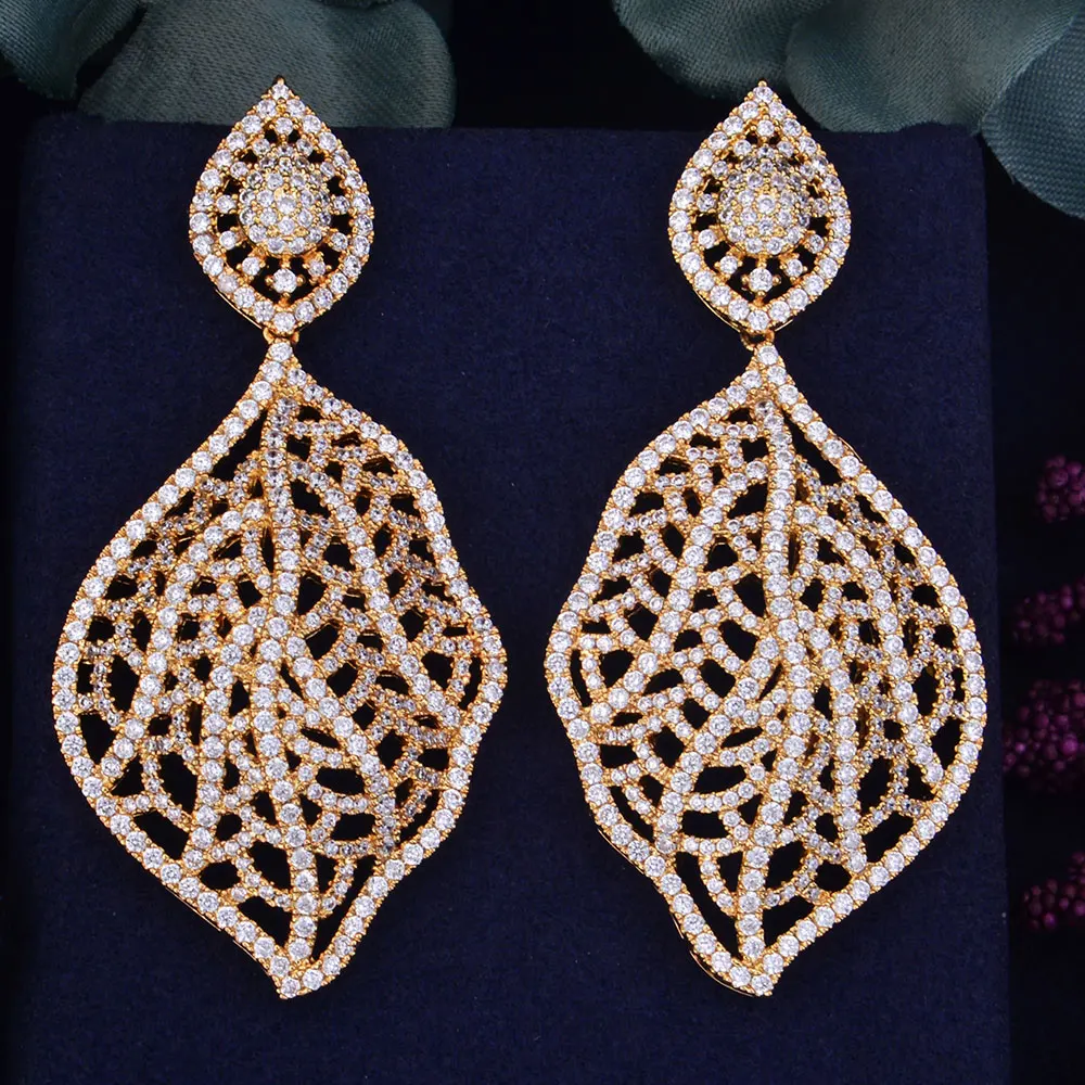 Женские серьги GODK 68 мм роскошные с пустотелым листом и фианитом|earrings fashion|women fashion