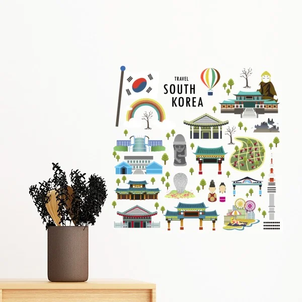Флаг карта показывающая Популярные ориентиры Южная Корея страна путешествия