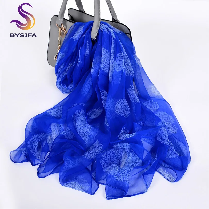 

[BYSIFA] Women Blue Silk Scarf Shawl New Brand Long Satin Silk Scarf 2019 Spring Autumn Fashion Scarves Ladies Neck Scarf Bufand