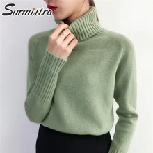 SURMIITRO-suéter de punto de Cachemira para mujer, jersey de manga larga con cuello alto coreano, verde, otoño e invierno, 2021