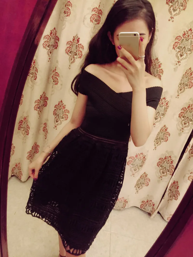 Твердые Кружева Полые женщин Повязку Слэш Шеи Сетка Выкл Шолдер Середины икры