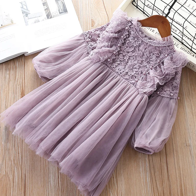 Vestidos de manga linterna para niña, ropa para fiesta de princesa, Primavera, encaje para niños con perlas, púrpura y blanco 3-7T