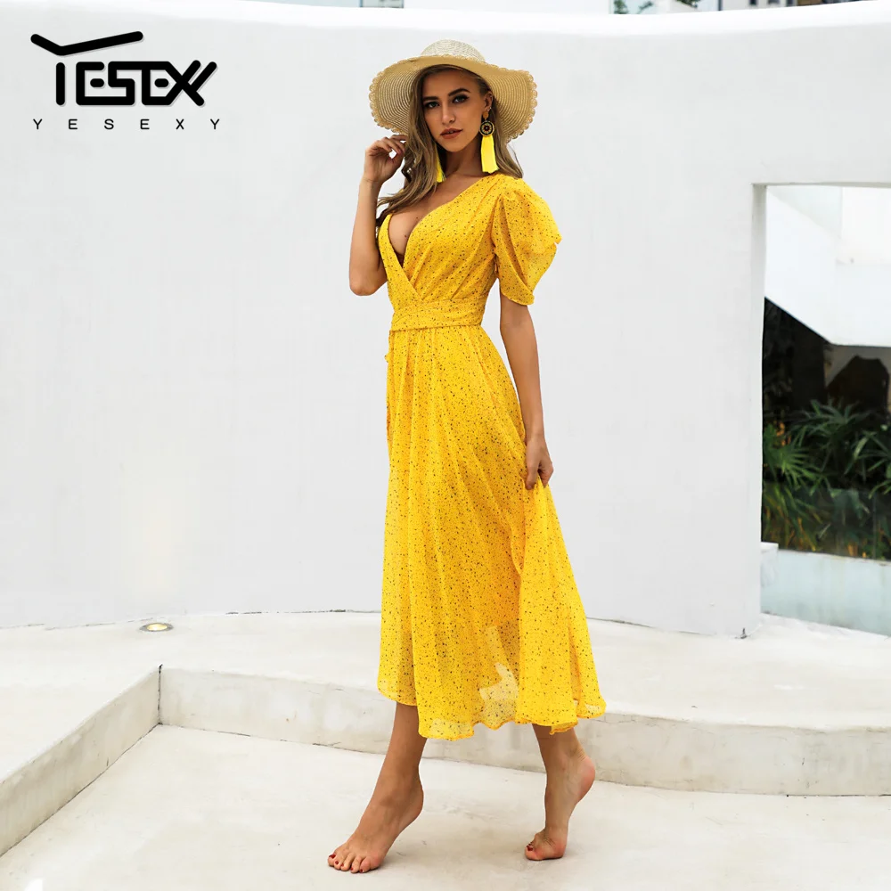 Yesexy 2019 Лето Dot желтый женское платье с глубоким v образным вырезом Повседневное