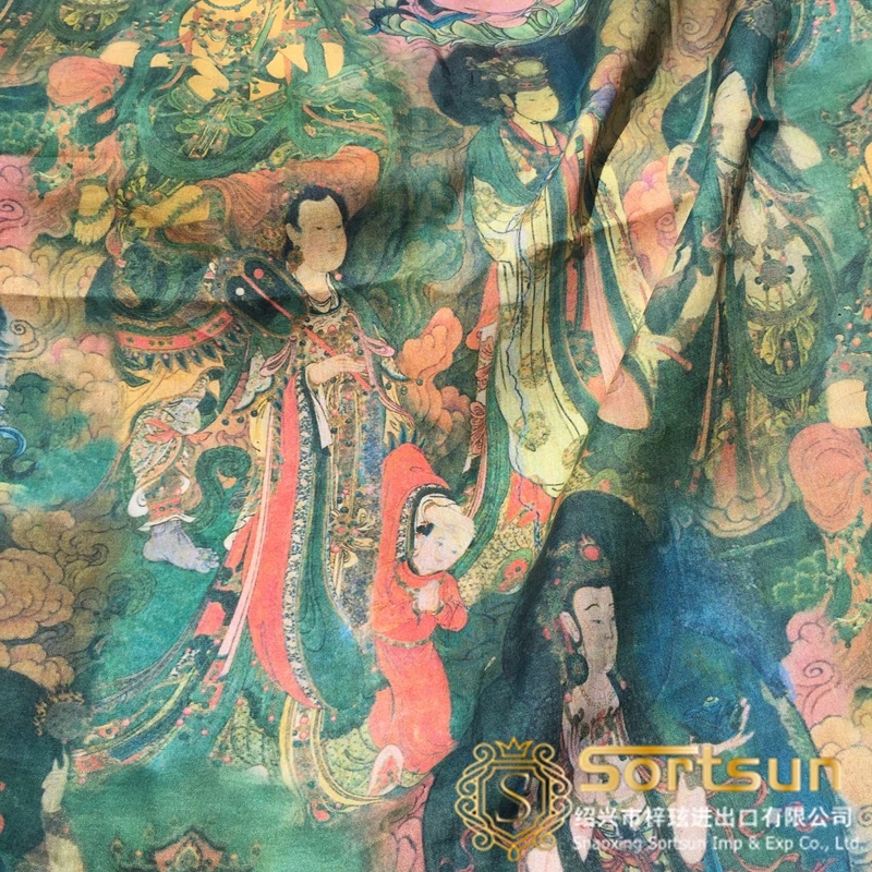 Dunhuang Frescoes 1 ярд 100% натуральный рами ткань Материал цифровая печать в китайском
