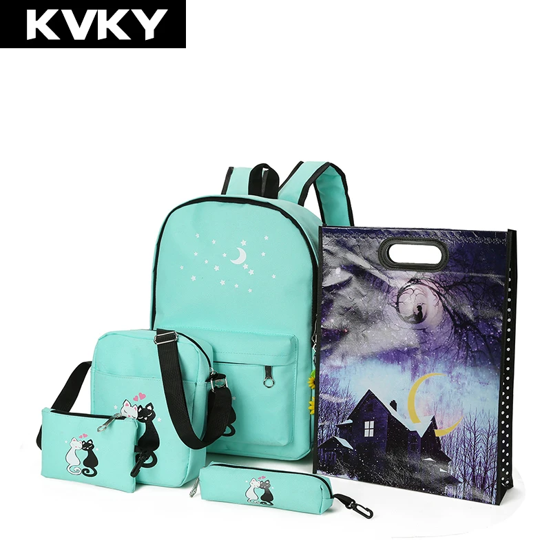 KVKY Марка 5 шт./компл. Для женщин рюкзаки милый кот Школьные сумки для девочек подростков Печать на холсте рюкзаки женские сумки на плечо