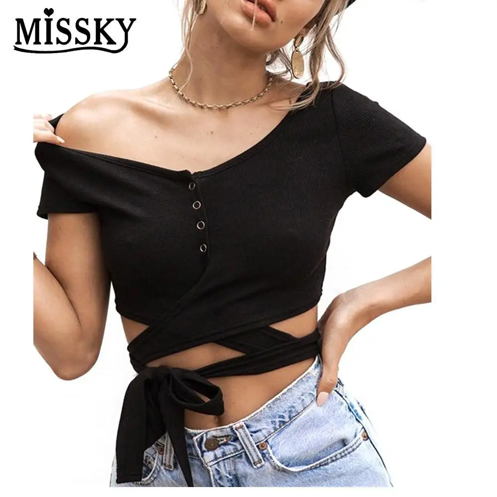 Missky 2018 новые летние с открытыми плечами укороченный топ Футболки Лидер продаж