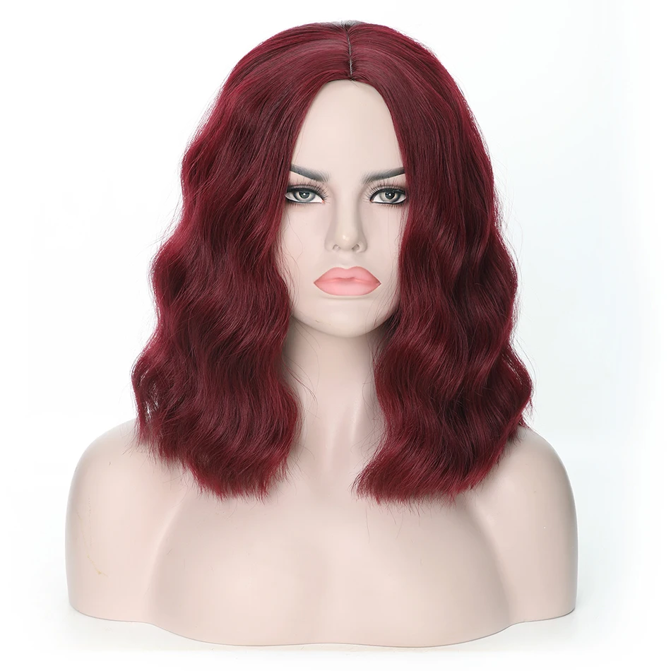 Rosa Star Short Wavy Synthetic Wigs For Women Middle Part Black Heat Resistant Cosplay Costume Wig 11 Color - Color: Dark Red