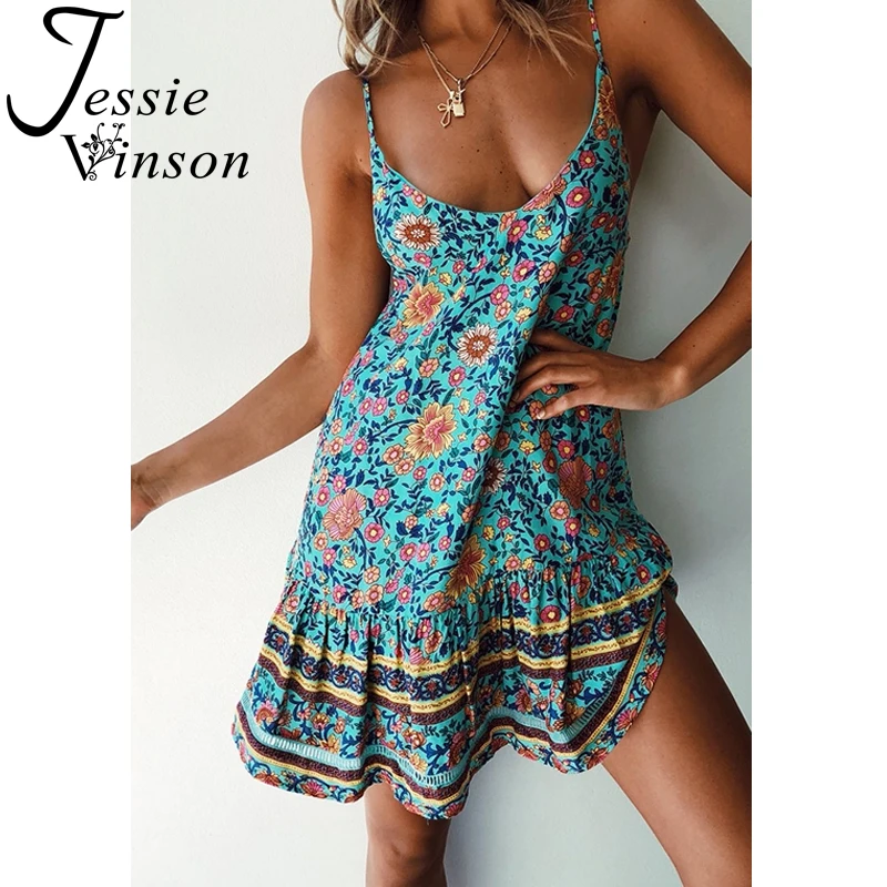 

Женское платье в стиле бохо Jessie Vinson, летнее короткое платье с цветочным принтом, на тонких бретелях, с открытой спиной, для пляжа