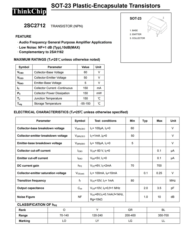 (100 шт.) 2SC2712 SOT-23 C2712 SOT23 SMD триодный транзистор с увеличением 100-300 (маркировка LY) |
