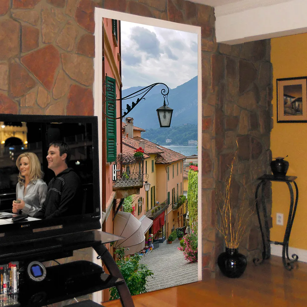 

Beautiful Italy Lake Como Town Street With Bonsai Door Stickers For Wooden Doors Renovation Self-adhesive waterproof Decoration