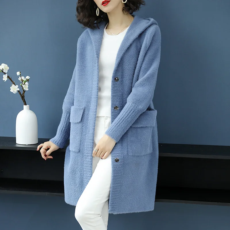Женское длинное шерстяное пальто 3XL однотонное теплое с капюшоном на осень и зиму